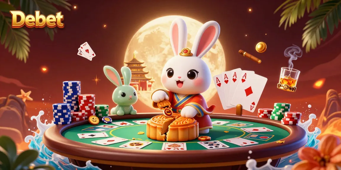 Debet presents a vibrant 3D scene of a moon rabbit surrounded by poker excitement.