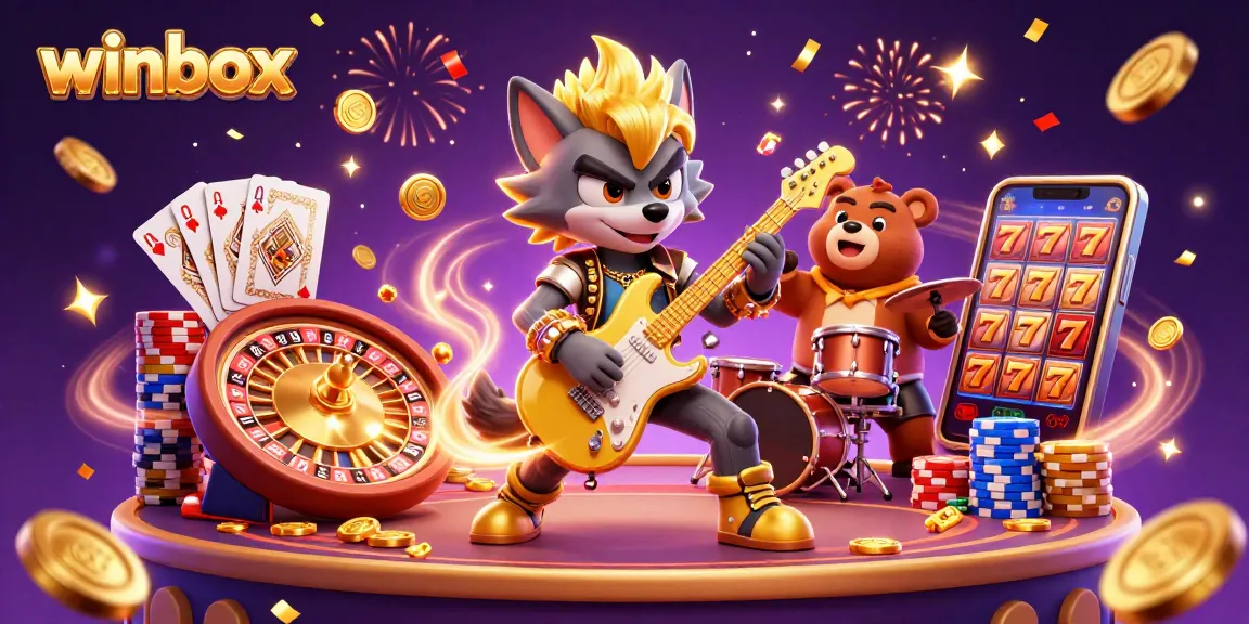 Winbox's vibrant casino scene with a rock star wolf, drummer bear, and flying coins and gems.