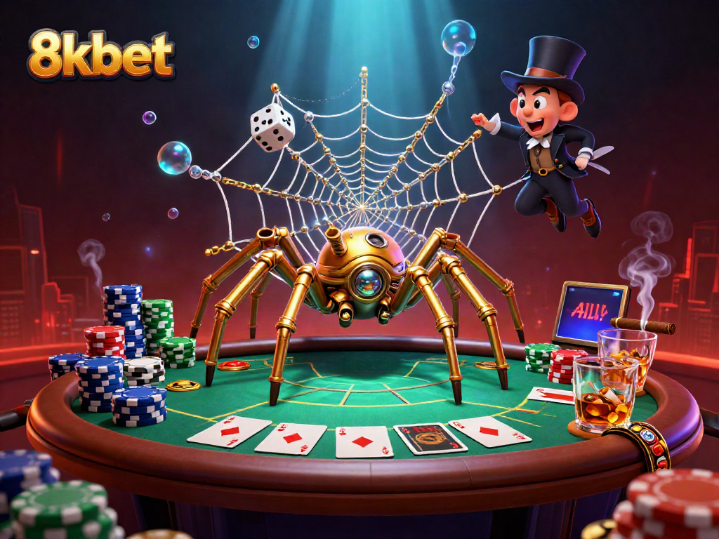 Engage with the exhilarating world of 8kbet through this vibrant illustration of a steampunk spider and poker chips.