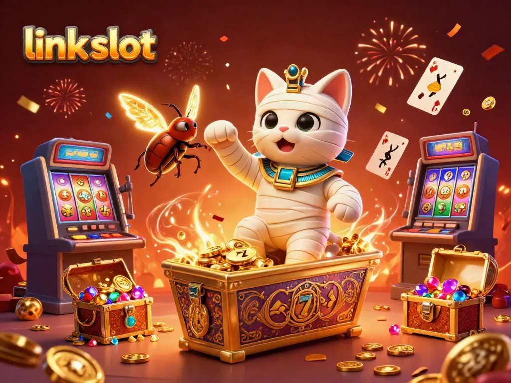 Experience the excitement of link slot gaming with a vibrant scene featuring a mummy cat and golden treasures.