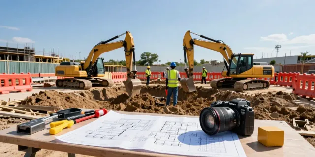 Aktive Baugrube mit Bauarbeitern, die die kosten für baugrubensicherung beurteilen