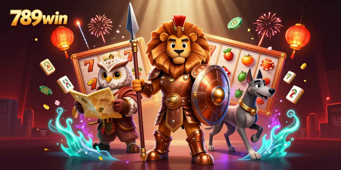 Engage with 789win through an exciting 3D casino scene featuring vibrant slot reels, poker chips, and dynamic characters.