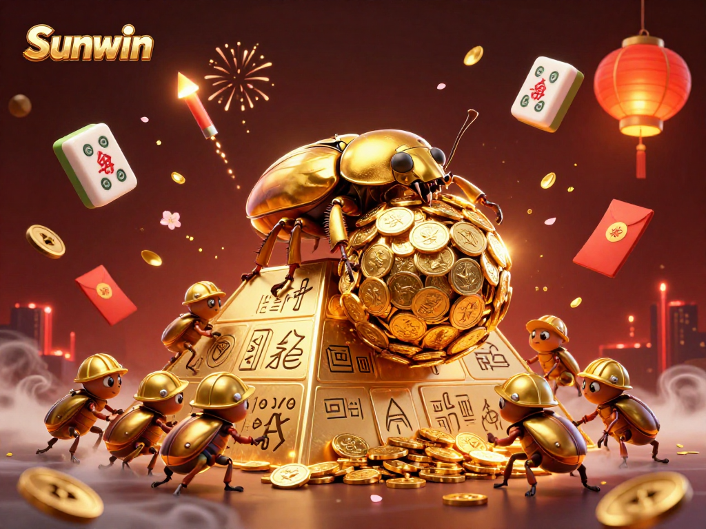 Experience the excitement of Sunwin's casino world with a vibrant 3D illustration showcasing a golden beetle and lucky symbols.