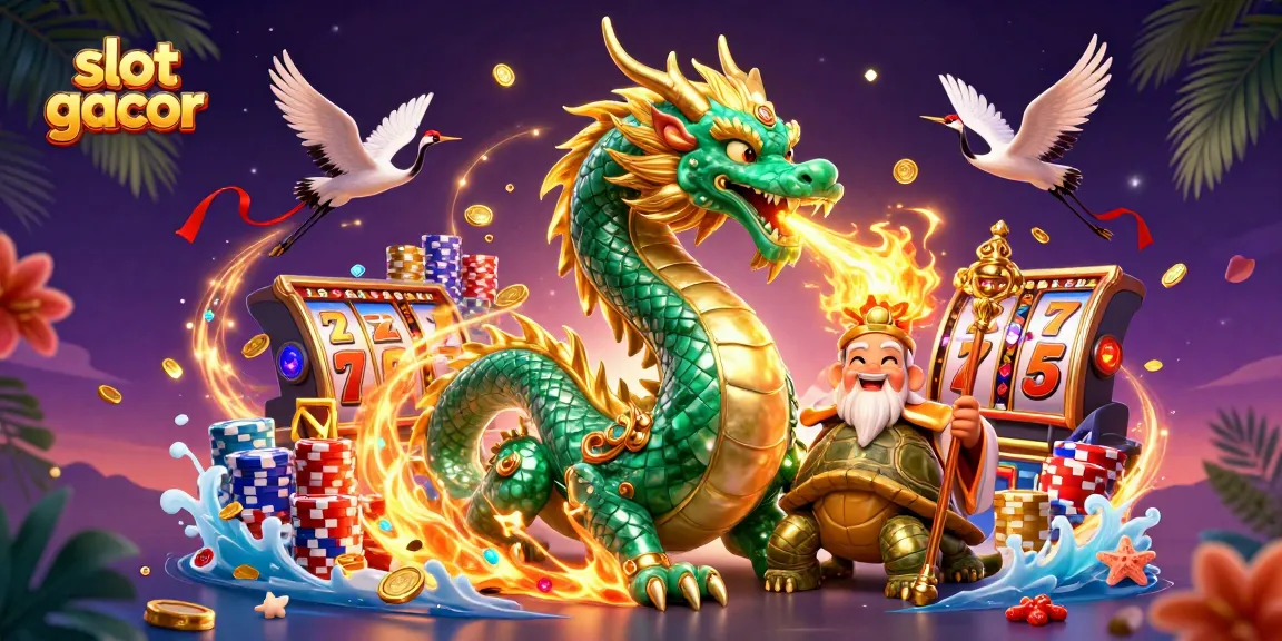 Experience the excitement of slot gacor with vibrant dragons, lucky cranes, and dynamic casino elements.