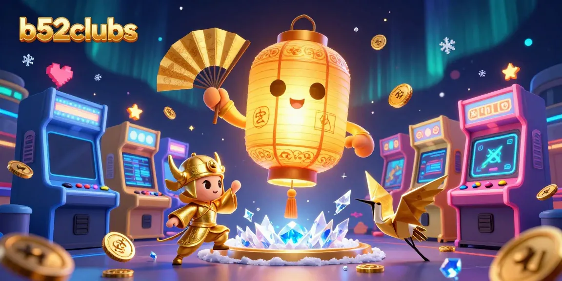 Experience b52clubs with a vibrant illustration of a golden lantern spirit and arcade games in a lively casino.