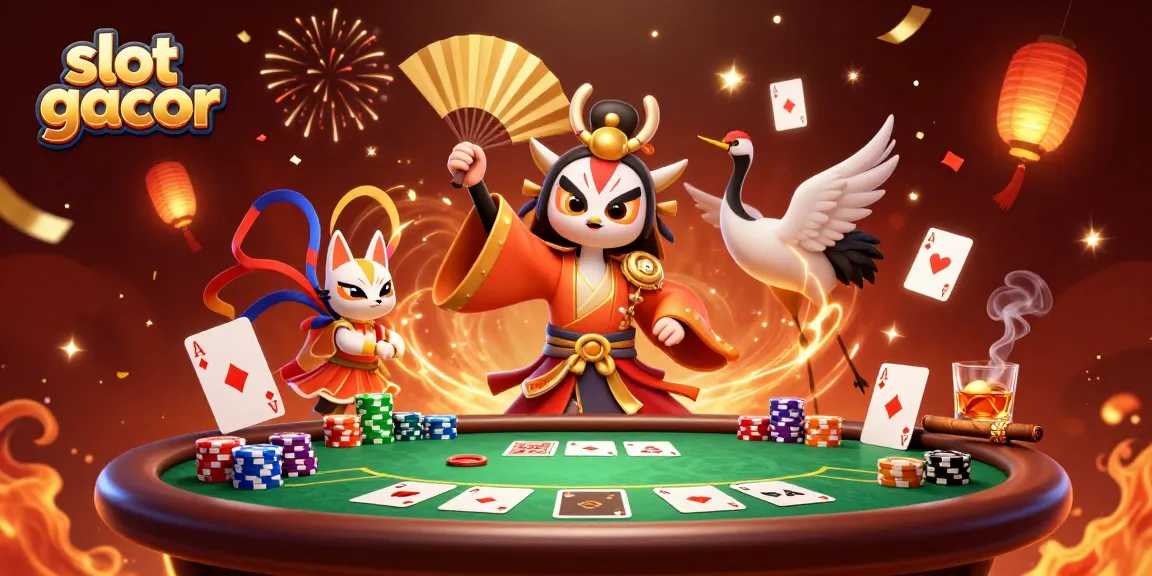 Experience slot gacor action with kabuki warriors, poker chips, and magical effects celebrating a win!