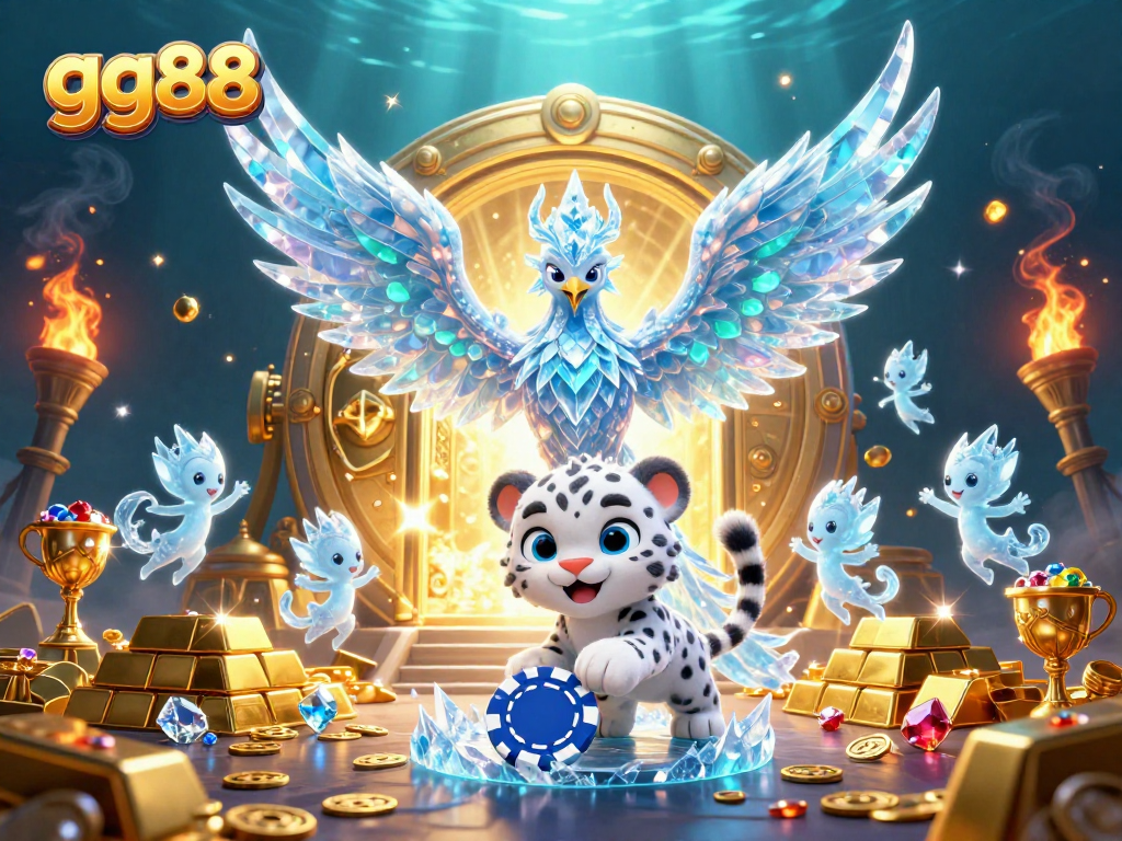 Win big with GG88 in a vibrant 3D illustration showcasing ice phoenix and golden treasures.