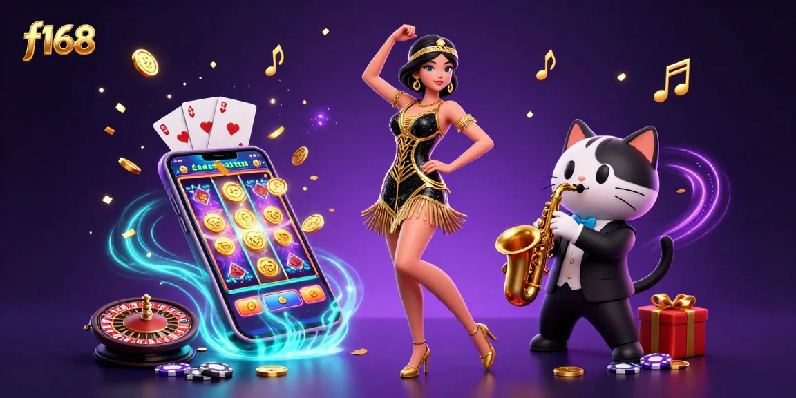 Engage with f168's vibrant digital casino scene featuring a dancing flapper and playful saxophone cat.