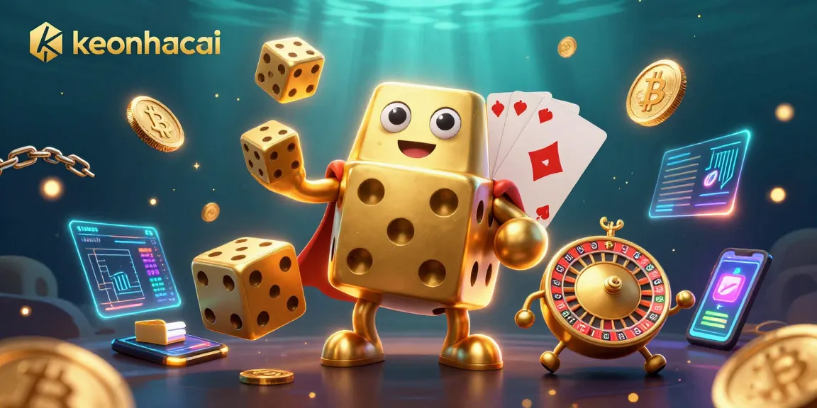 Experience the thrill of keonhacai with a golden dice golem and crypto elements in a vibrant casino scene.