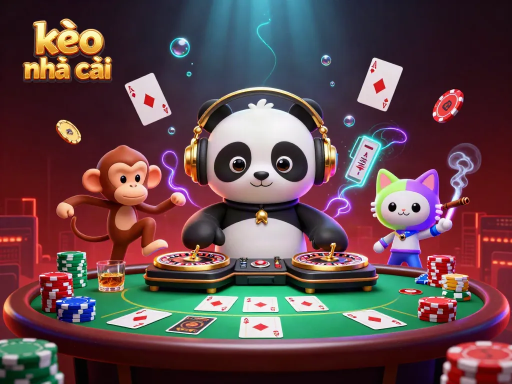 Engage with kèo nhà cái in an energetic casino scene featuring a DJ panda and lively characters.