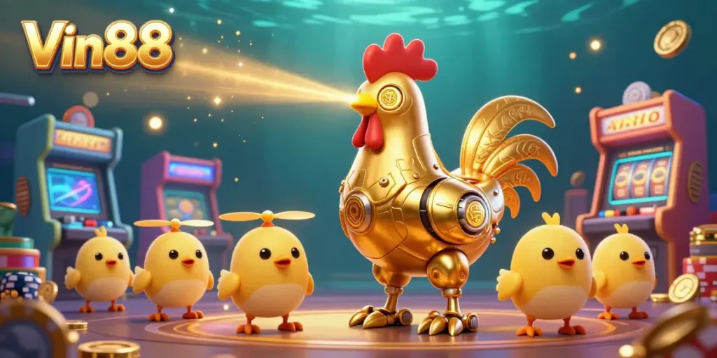 Experience Vin88's thrilling casino adventures with a golden rooster robot and arcade elements in vibrant 3D.