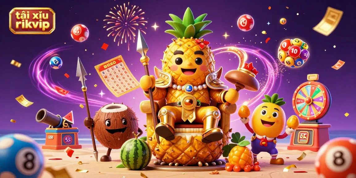 Engage with tài xỉu rikvip as the golden pineapple king presides over a dynamic beach casino scene filled with vibrant lottery elements.