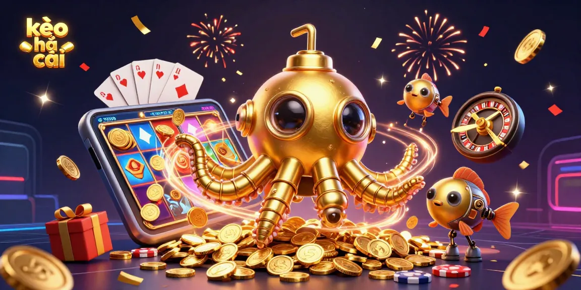 Engage in kèo nhà cái excitement with a vibrant 3D scene featuring a golden kraken submarine and game elements.