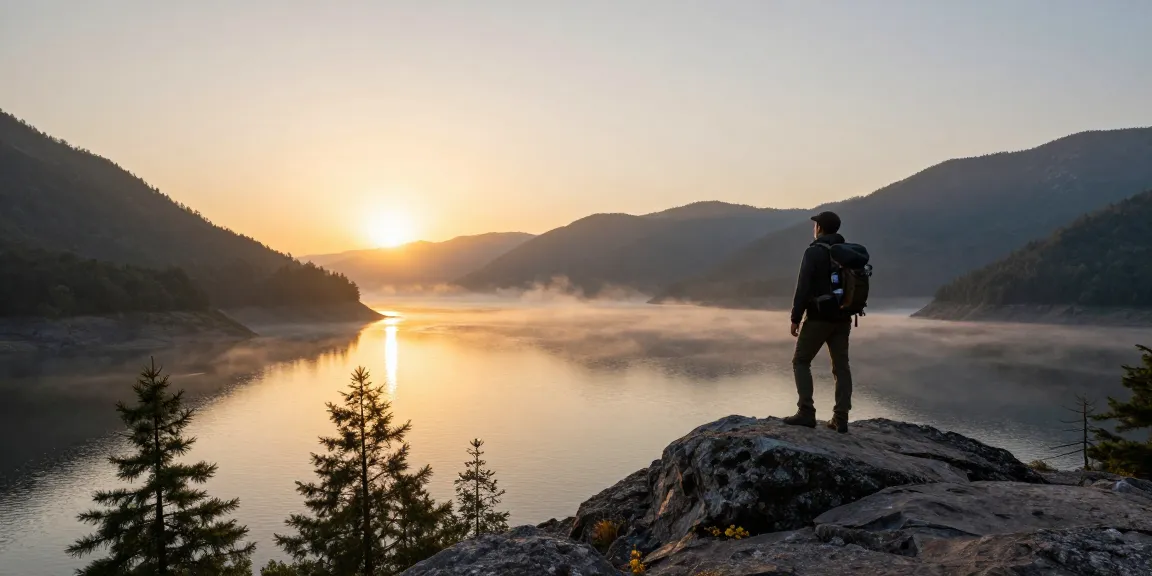 Wittmann Dam bei Sonnenaufgang mit Wanderer auf Felsen und reflektierendem Wasser