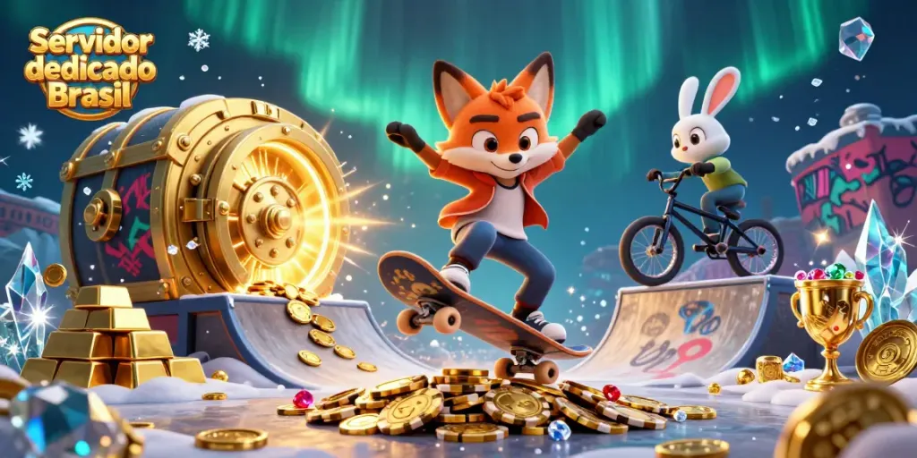 Experience the thrill with Servidor dedicado Brasil in this vibrant 3D illustration showcasing casino elements and excitement.