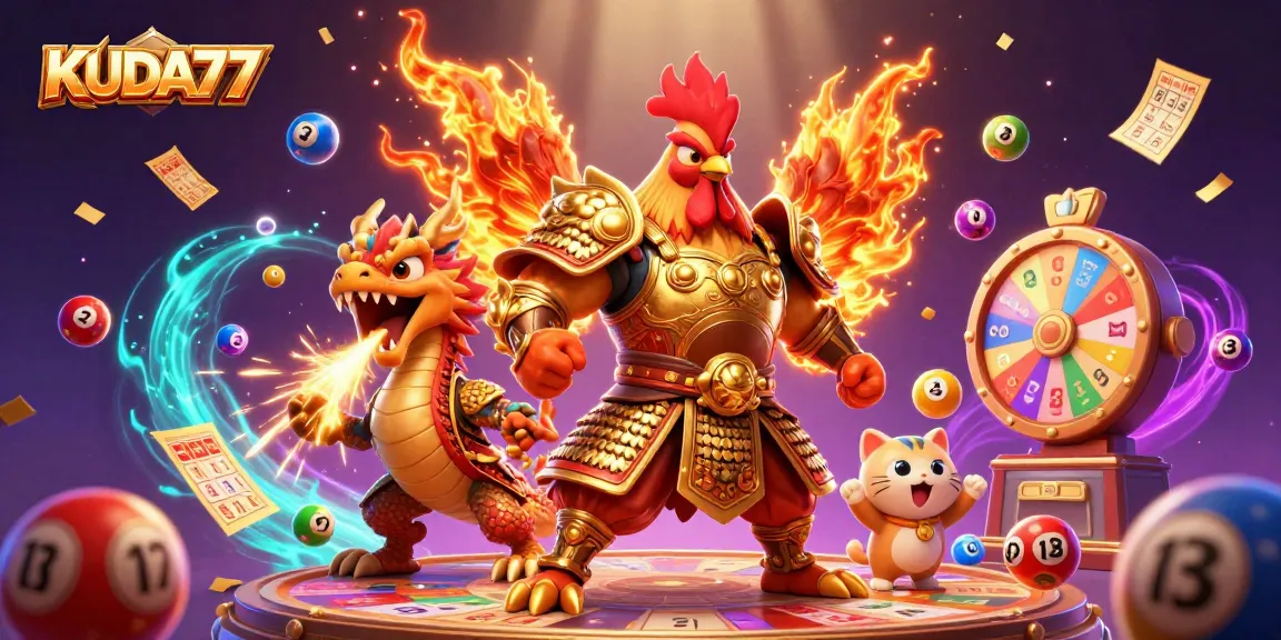 Menang di KUDA77: Ilustrasi digital ceria dengan karakter kartun memerangi dan elemen slot berwarna-warni.