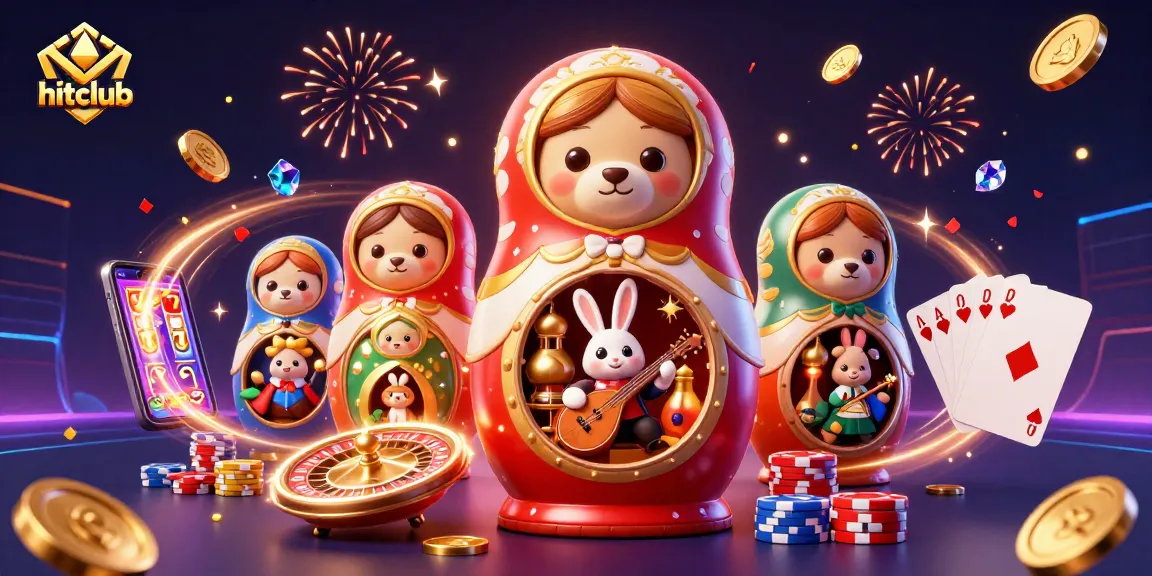 Hitclub engages players with a vibrant 3D casino scene featuring playful characters and sparkling game elements.