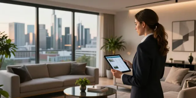Bester Immobilienmakler Frankfurt präsentiert modernes Apartment mit Skyline-Ansicht und stilvollem Interieur.