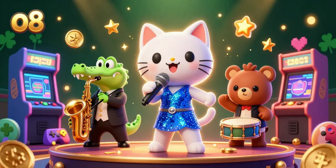 Engage in exciting slots with o8 at a vibrant casino stage featuring jazz, crocs, and bears.