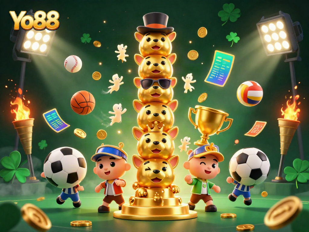 Experience thrilling gaming with Yo88’s exciting casino elements and dynamic visuals in this vibrant 3D scene.