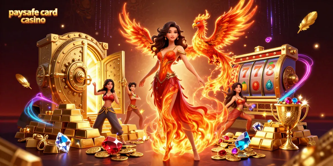 Erleben Sie den Nervenkitzel eines Paysafe Card Casinos mit dieser lebhaften Illustration, die dynamische Elemente von Glück und Luxus zeigt.