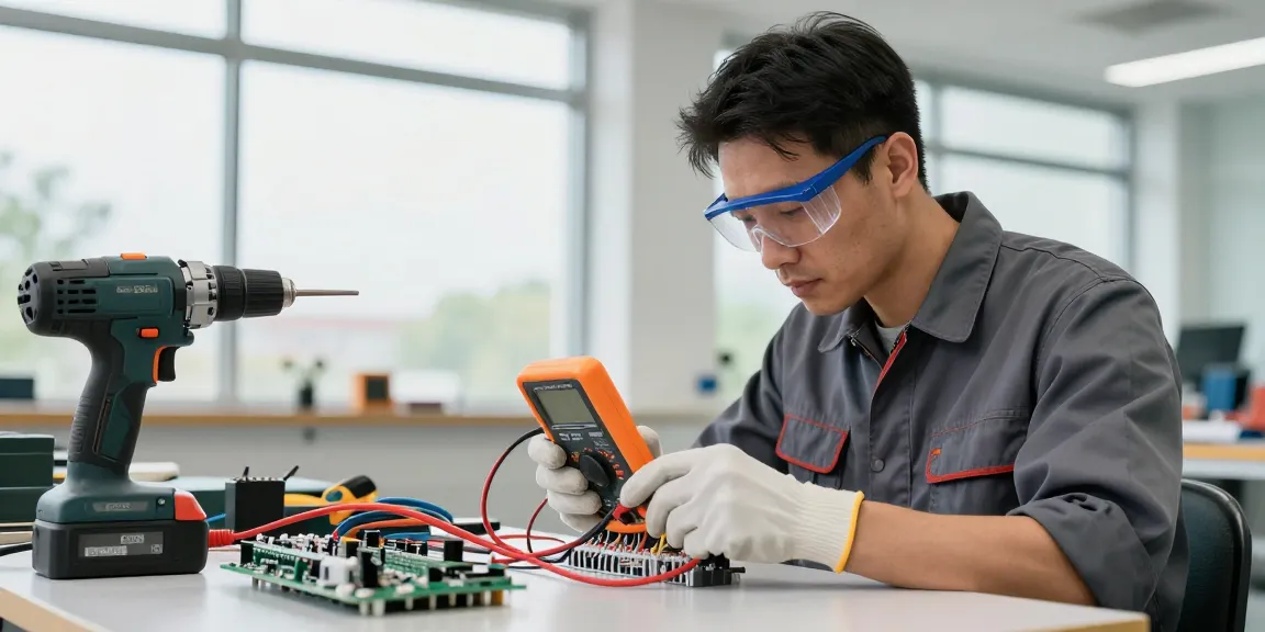 Elektriker in der Nähe überprüft elektrische Verkabelung in modernem Arbeitsbereich.