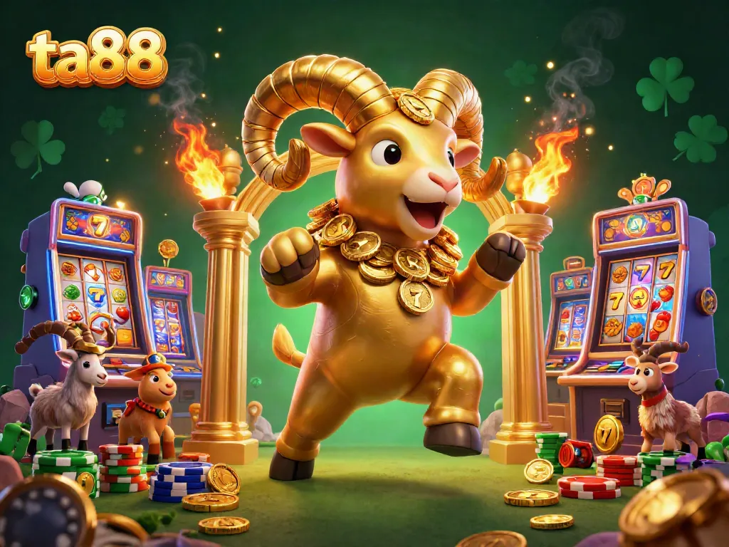 Play engaging slot games at ta88 with vibrant illustrations of golden ram and exciting game elements.