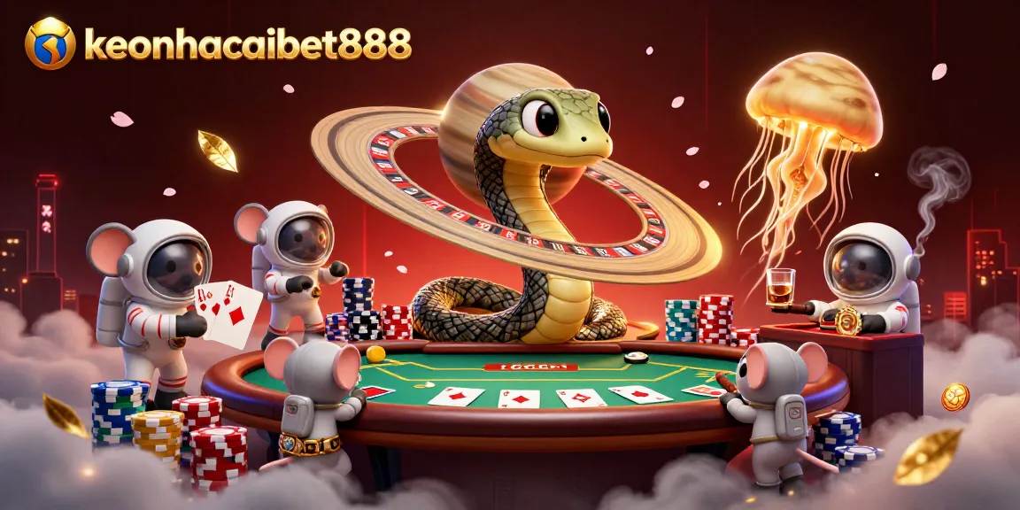 Place your bets with keonhacaibet888 as cartoon astronauts gamble among rich casino elements