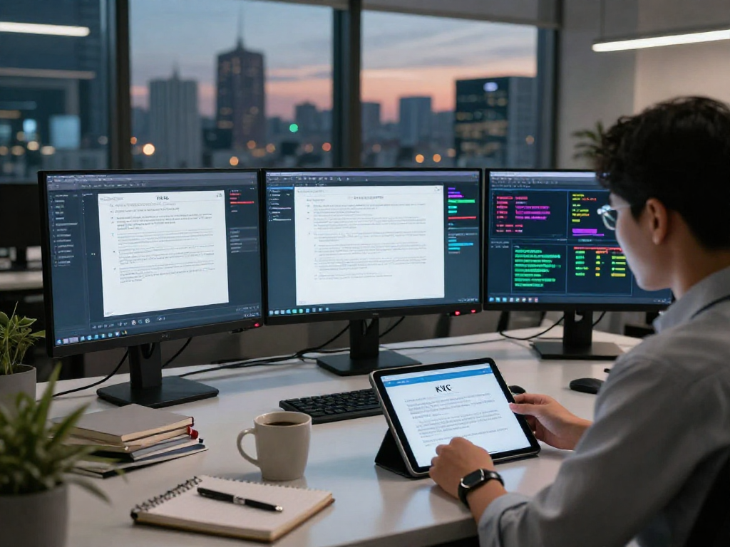 Professional analyzing document fraud detection software at a modern office desk with KYC guidelines.