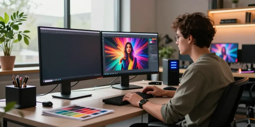 Creative professional generating 18+ ai artwork in a modern studio with vibrant visuals and advanced tools.