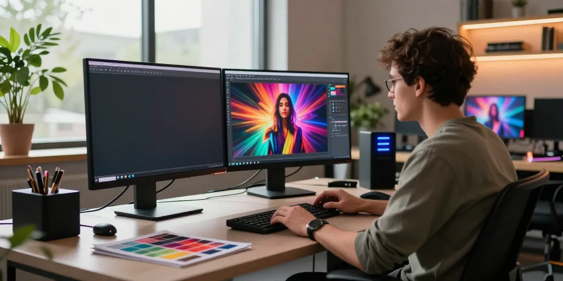Creative professional generating 18+ ai artwork in a modern studio with vibrant visuals and advanced tools.