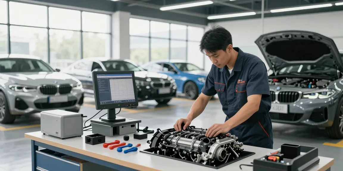 BMW Werkstatt Hannover - Fachmann überprüft BMW-Motor in moderner Werkstatt.