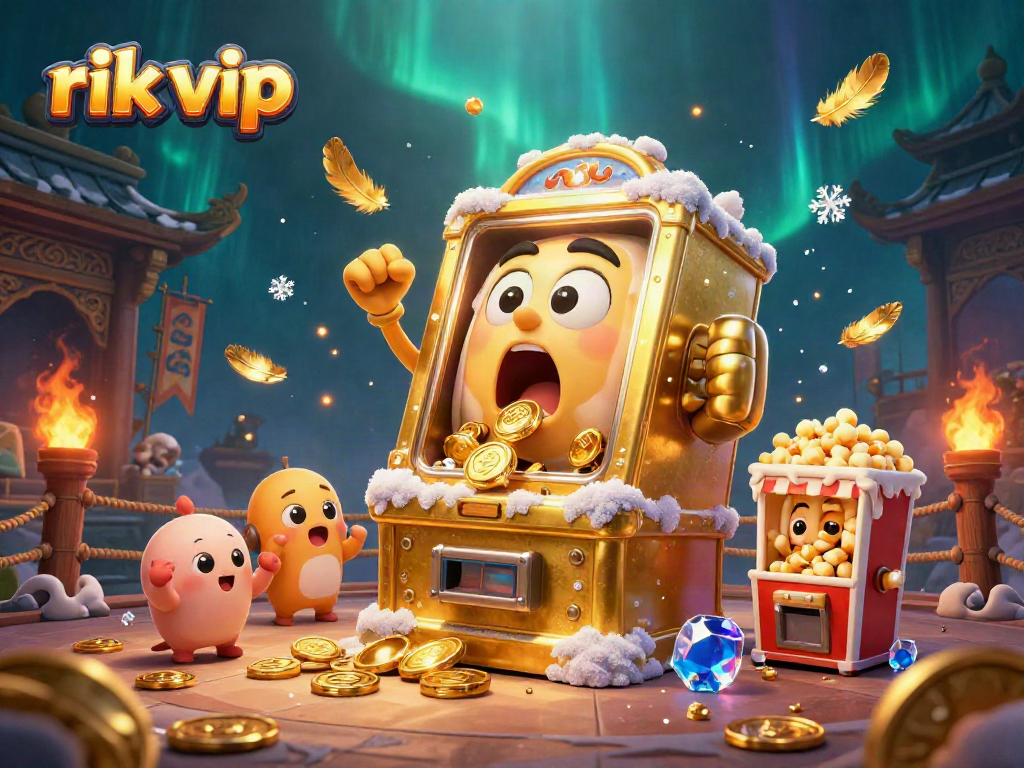 Experience the excitement of rik vip with a golden slot machine hitting the jackpot amid casino action.
