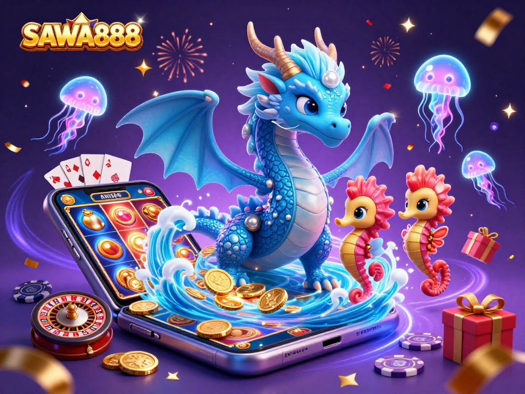 SAWA888 slots showcase with an azure water dragon and seahorse knight amidst vibrant casino elements.