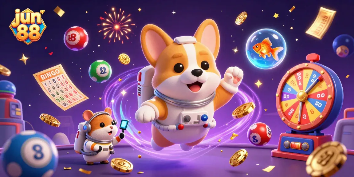 Experience thrilling gaming moments at jun 88 with exciting floating lottery elements and casino characters.