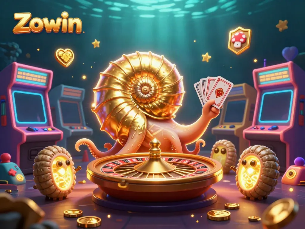 Zowin showcases an ancient giant nautilus roulette wheel surrounded by vibrant arcade elements and casino-themed visuals.