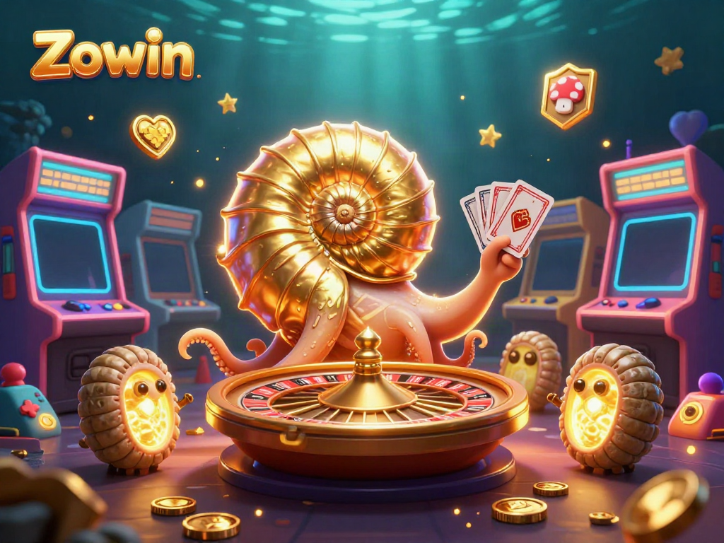 Zowin showcases an ancient giant nautilus roulette wheel surrounded by vibrant arcade elements and casino-themed visuals.
