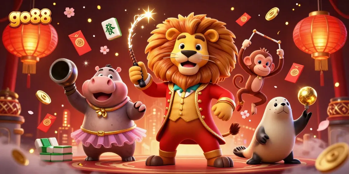 Engage with fun at go88 featuring vibrant slot reels and colorful casino elements in an energetic carnival scene.