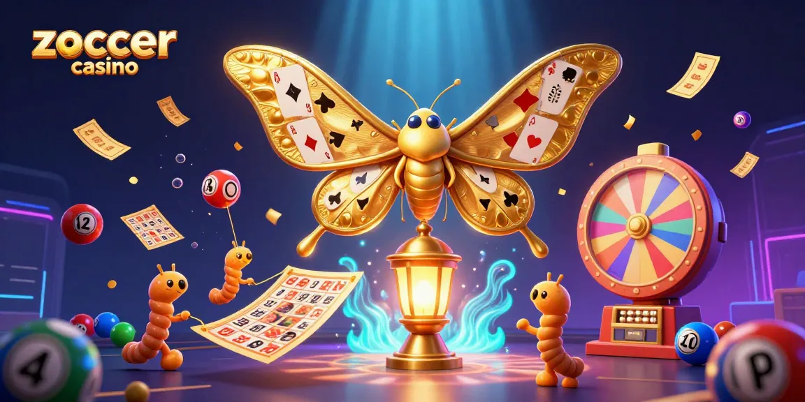 Zoccer casino illustration featuring a vibrant blend of lottery balls, golden tickets, and a majestic atlas moth, highlighting casino excitement.
