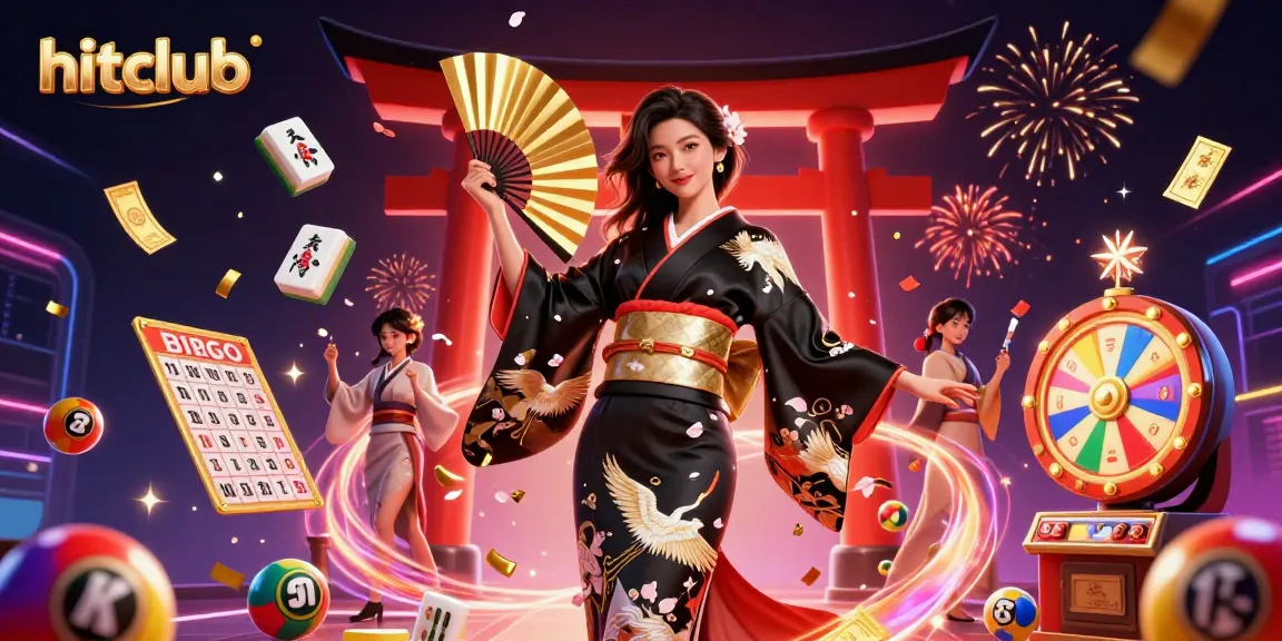 Experience the excitement of hitclub with a vibrant casino scene featuring colorful lottery elements and an elegant Asian character.