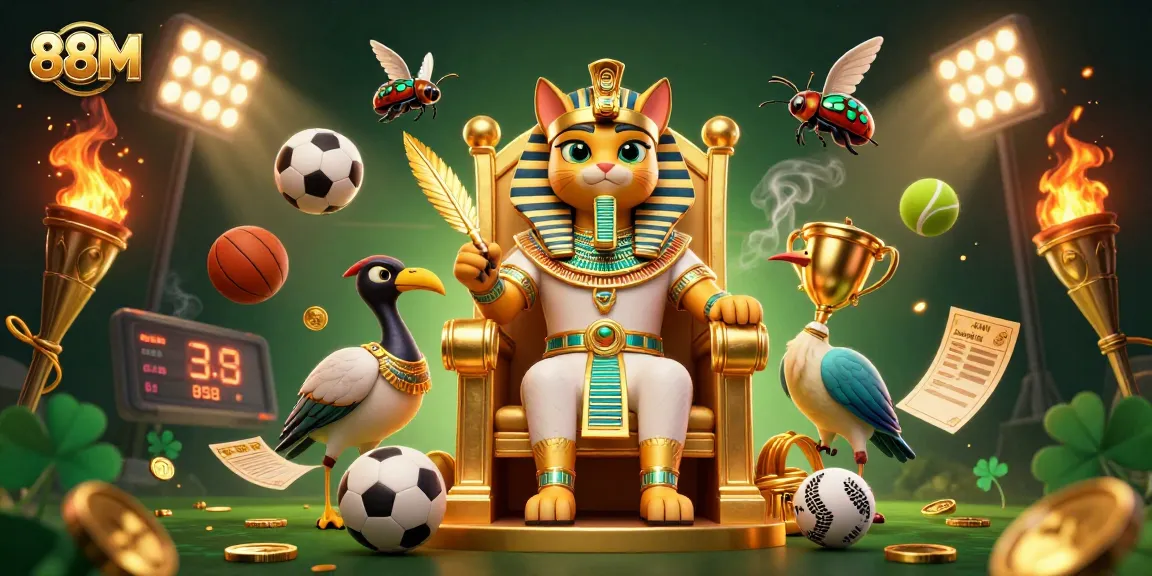 88M showcases vibrant casino elements with an Egyptian pharaoh cat theme amidst dynamic sports imagery.