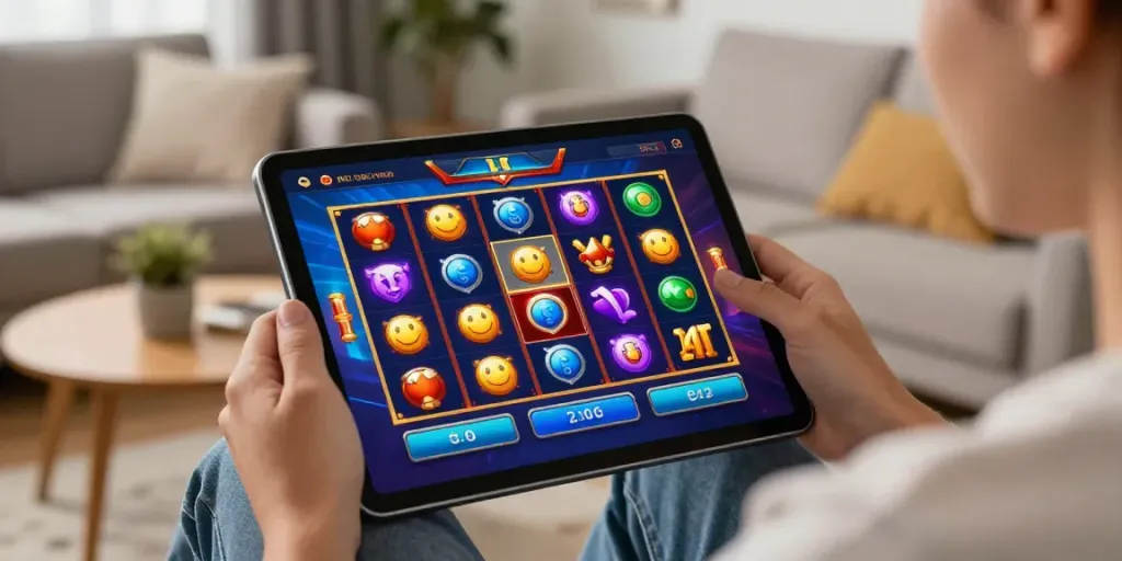 Pengguna bermain slot gacor di tablet dengan suasana santai di rumah.