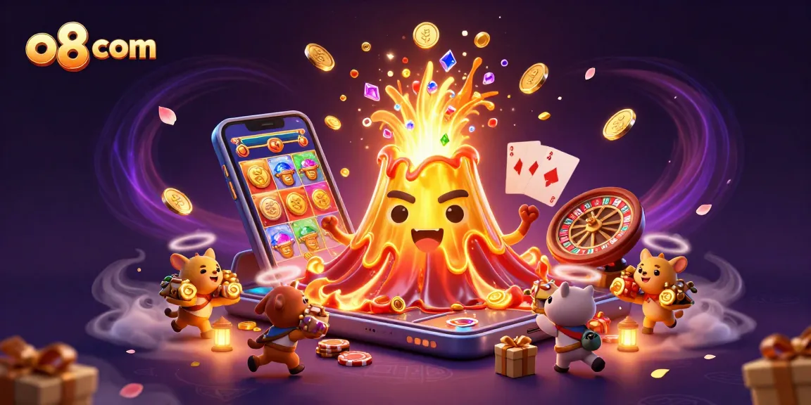 Exciting gaming action at o8 com with a golden volcano erupting treasures in a vibrant 3D scene.