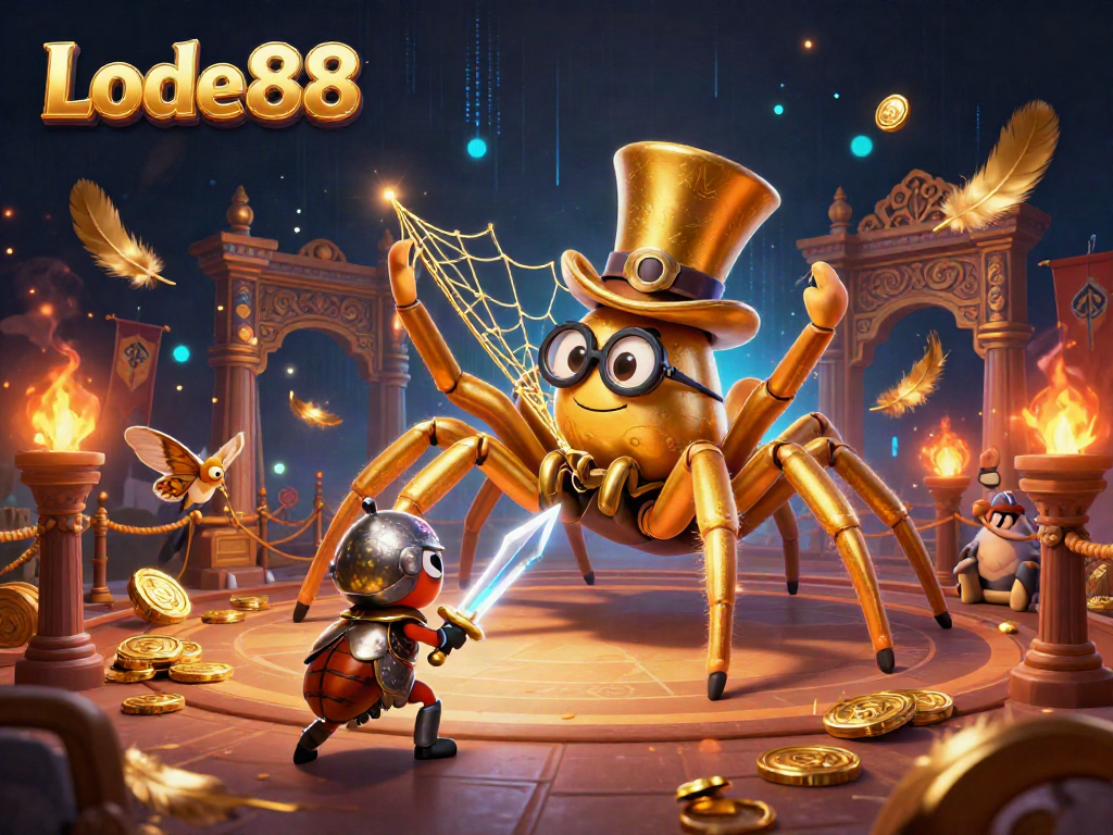 Lode88 presents a dynamic casino scene featuring a golden tarantula and beetle knight amidst a vibrant gaming atmosphere.