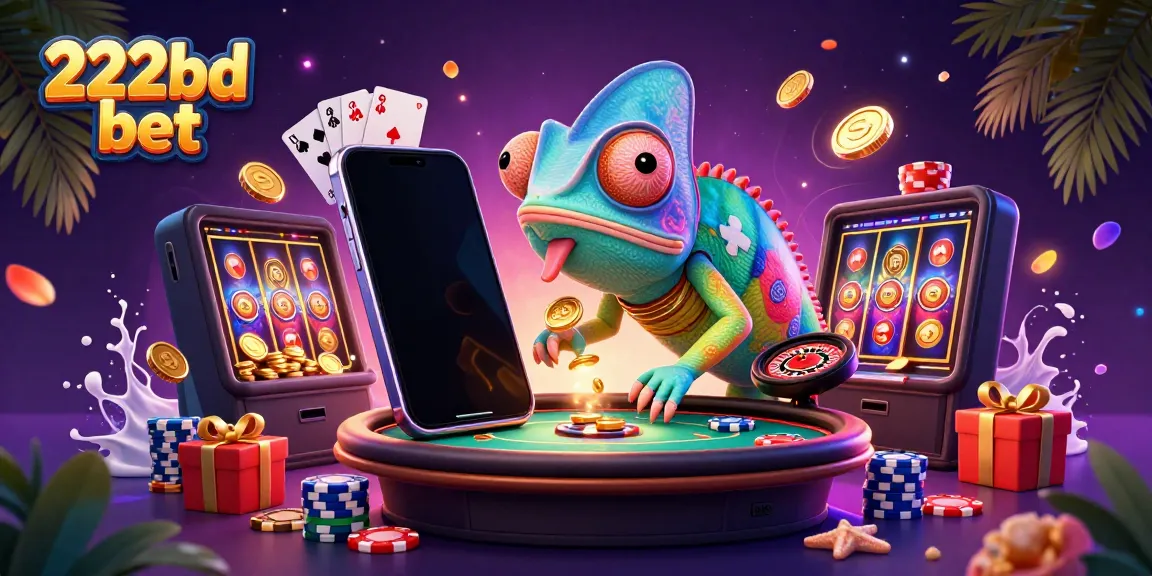 Engage with 222bd bet through a vibrant casino scene featuring a chameleon owner and dynamic gaming elements.