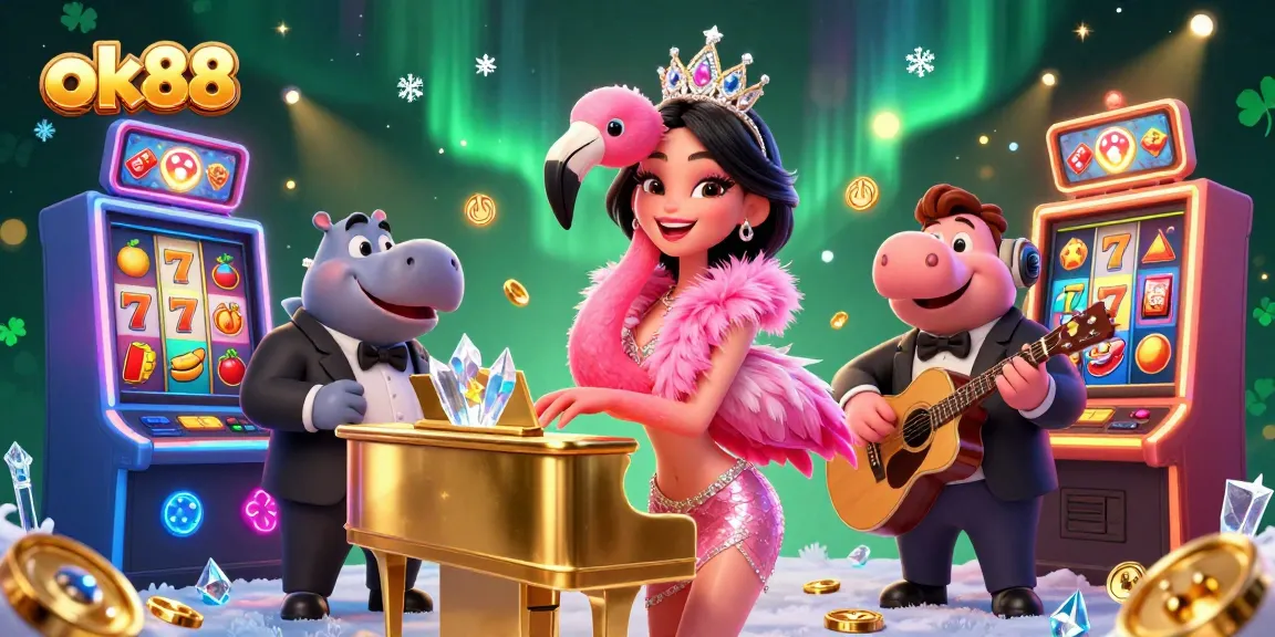 Spin the reels with ok88 in this vibrant casino scene featuring lively characters and gaming elements.