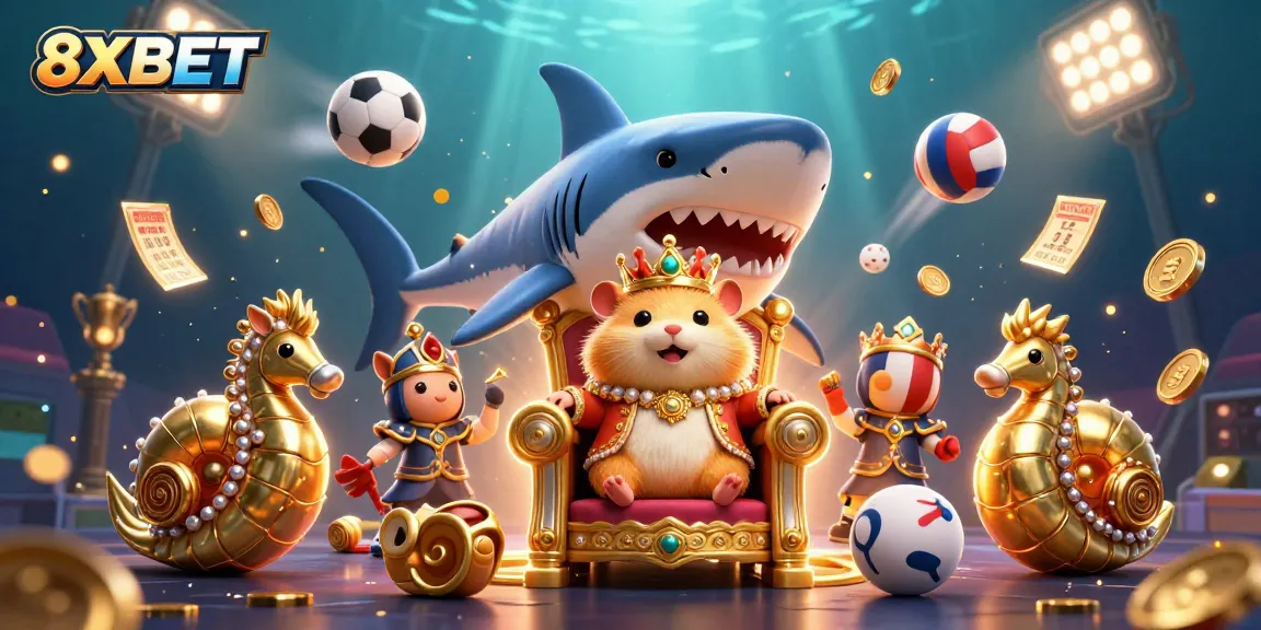 Experience the thrilling world of 8XBET as a fierce hamster king presides over sports-themed royalty.