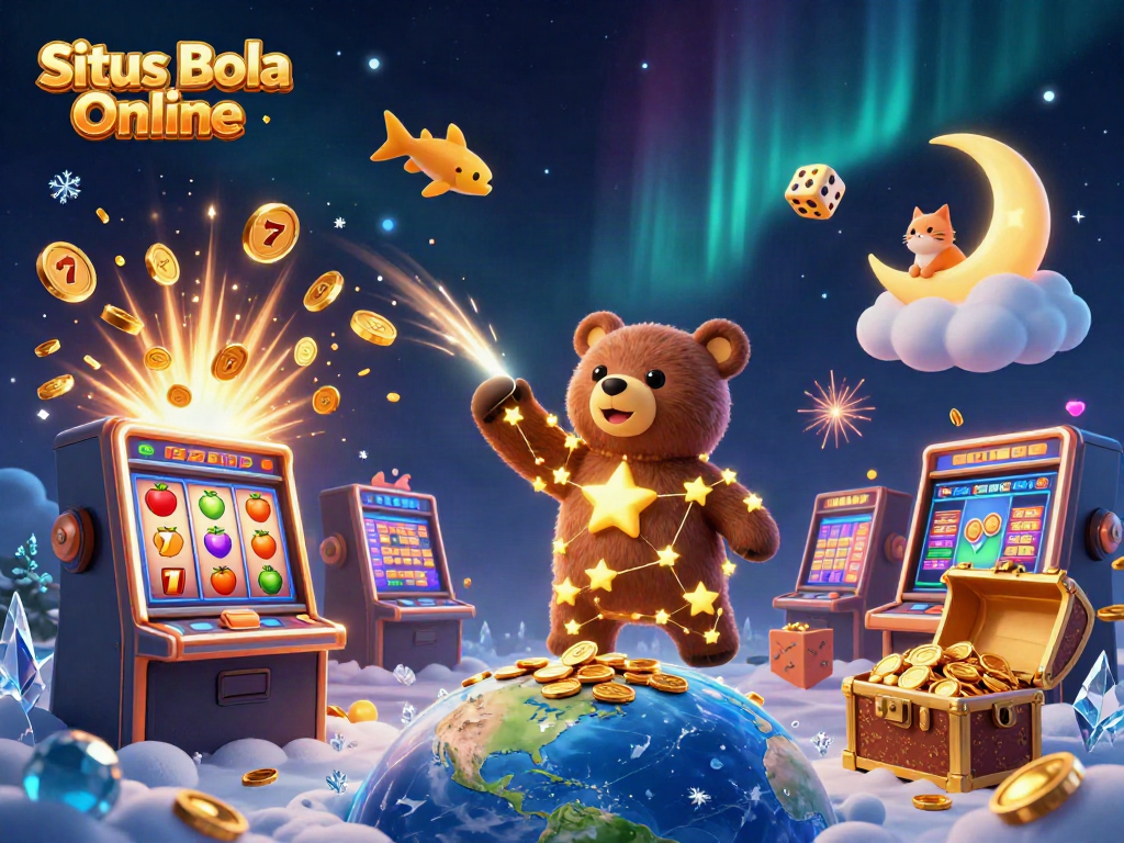 Situs Bola Online showcases an enchanting scene of winning with a constellation bear and a jackpot slot explosion of coins.