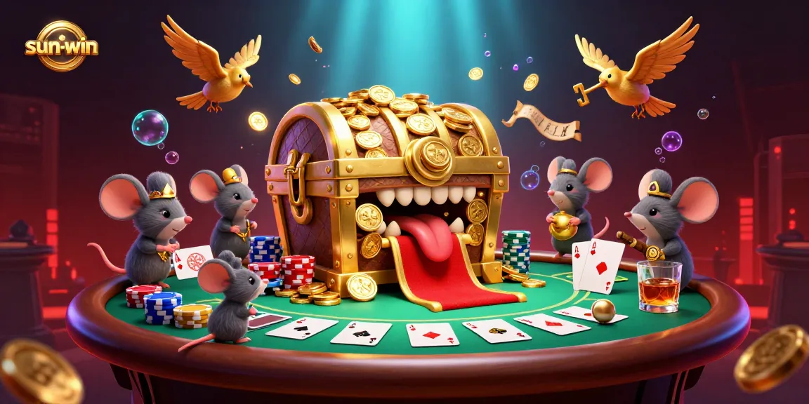 Win big at sun-win with this vibrant casino scene featuring poker, treasure and gaming excitement.