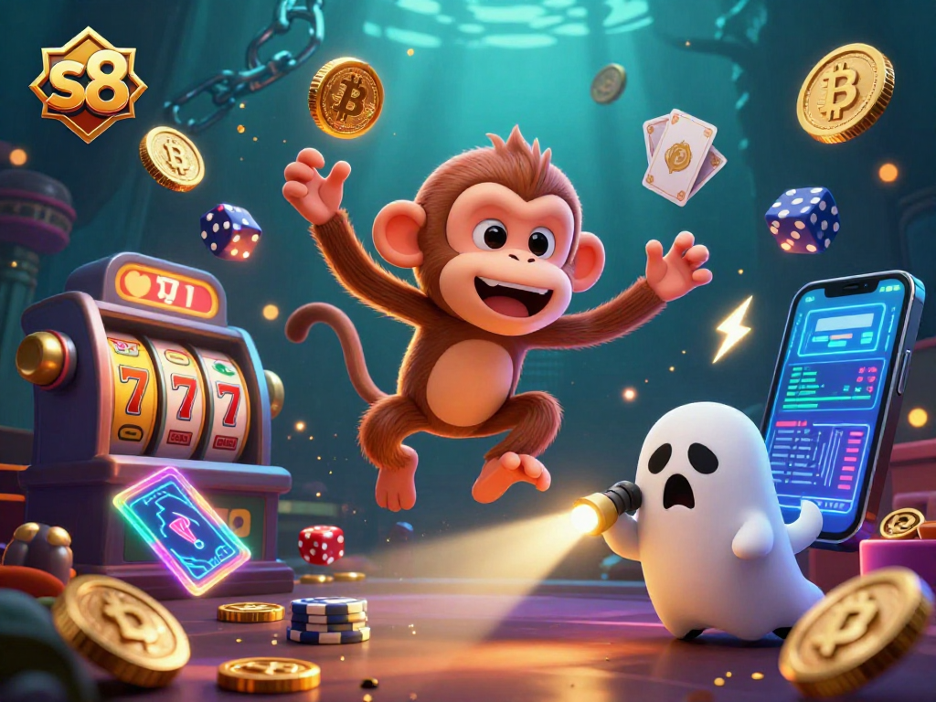 Engage with s8's playful poltergeist monkey juggling lucky casino treasures in a haunted atmosphere.